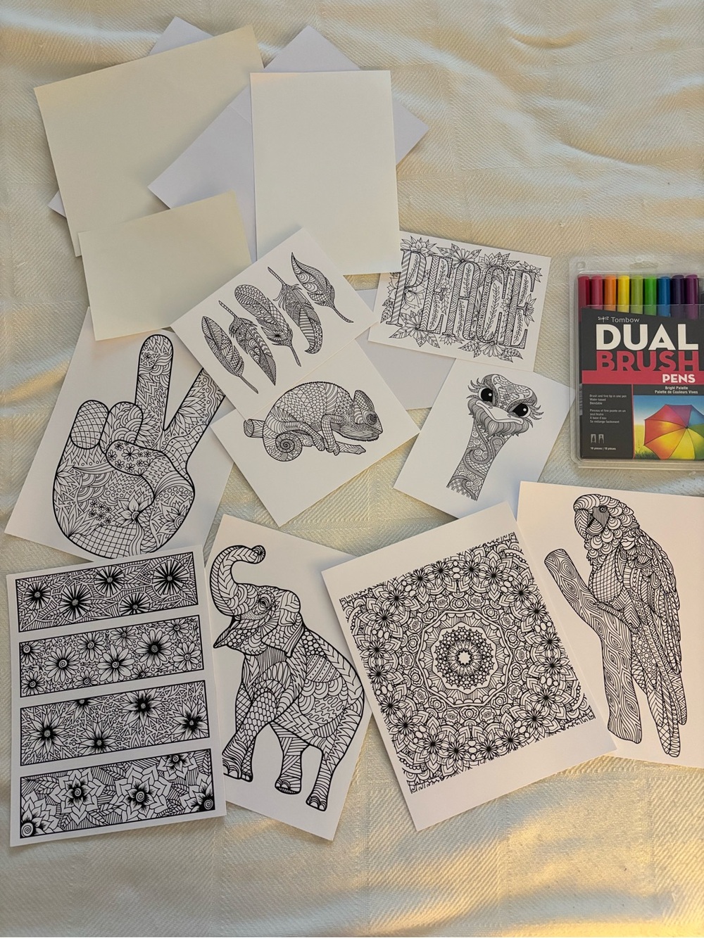 Adult Coloring Art Prints Bundle with Dual Brush Pens - Black Line Designs